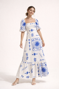 Soleil Square-Neck Puff-Sleeve Midi Dress