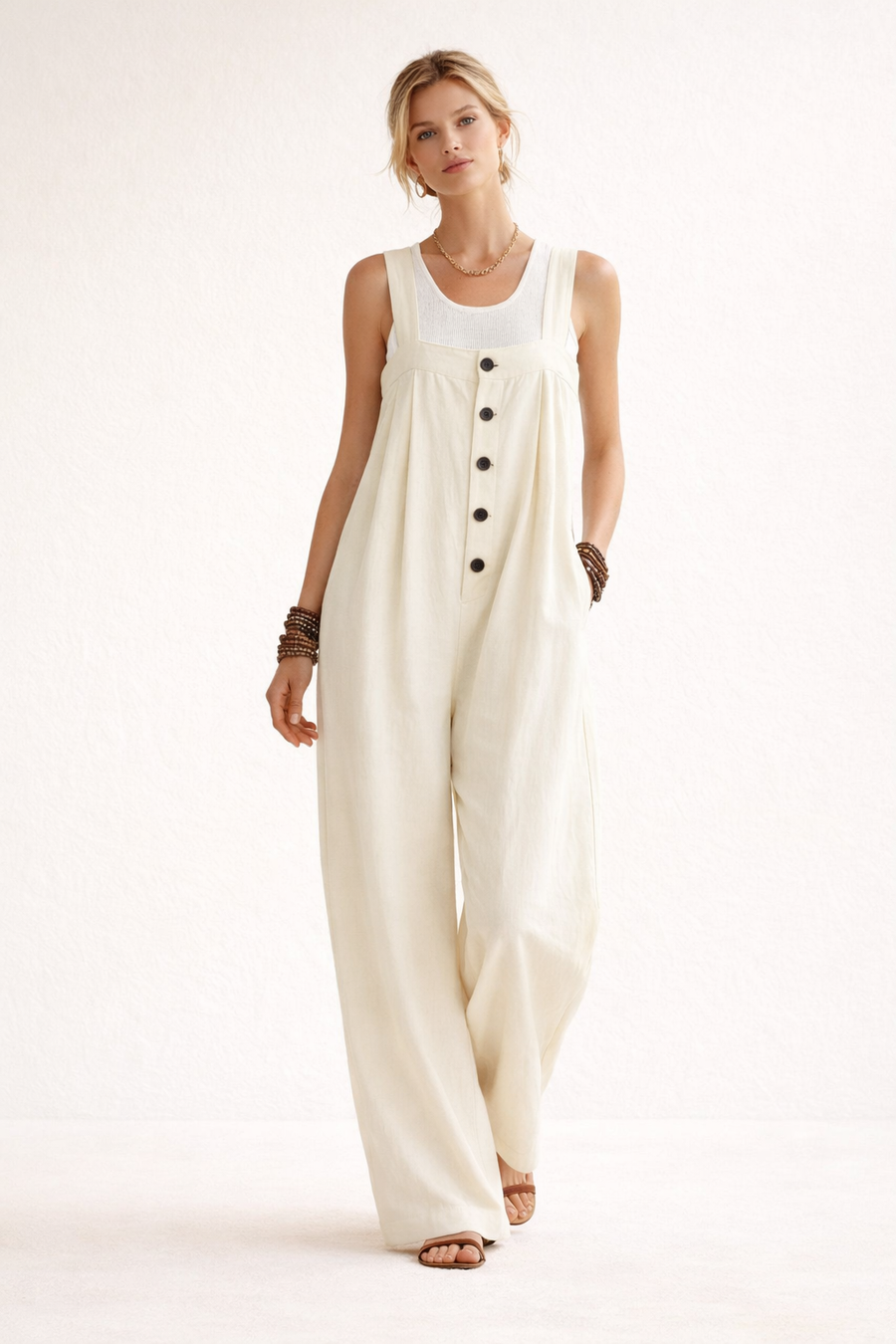 Corinna Wide-Strap Button-Front Jumpsuit