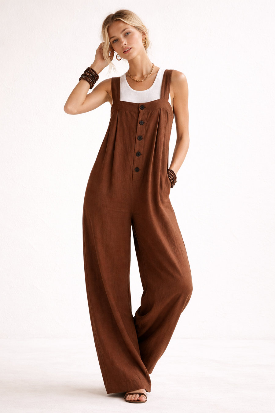 Corinna Wide-Strap Button-Front Jumpsuit