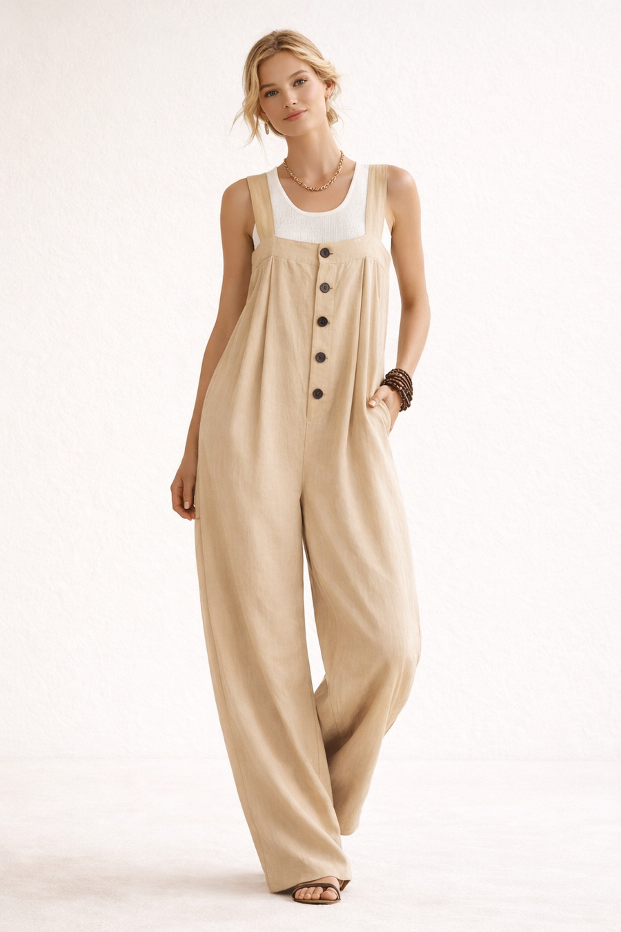 Corinna Wide-Strap Button-Front Jumpsuit