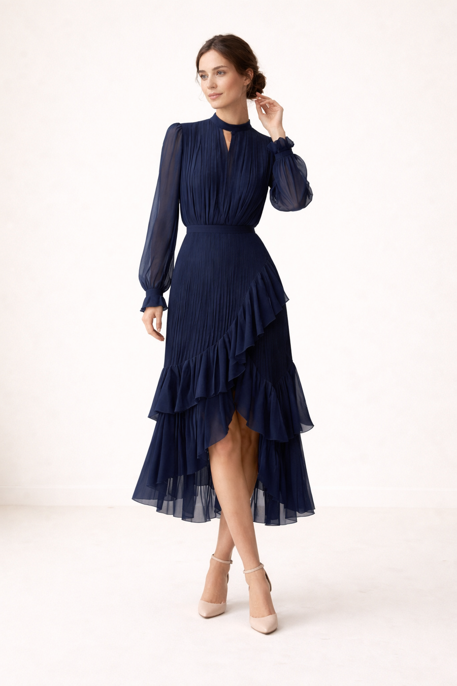 Anika Pleated Long Sleeve Midi Dress