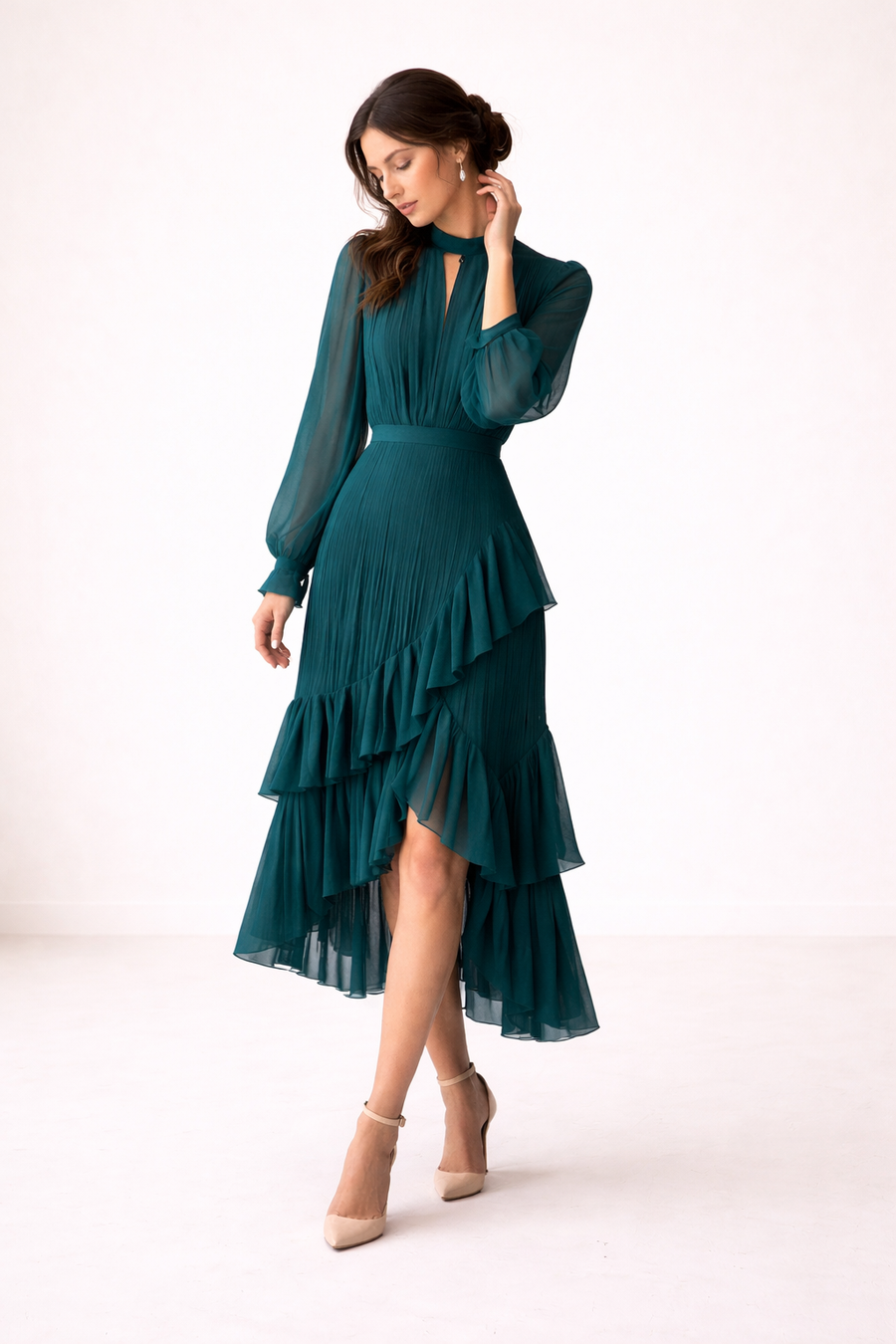 Anika Pleated Long Sleeve Midi Dress