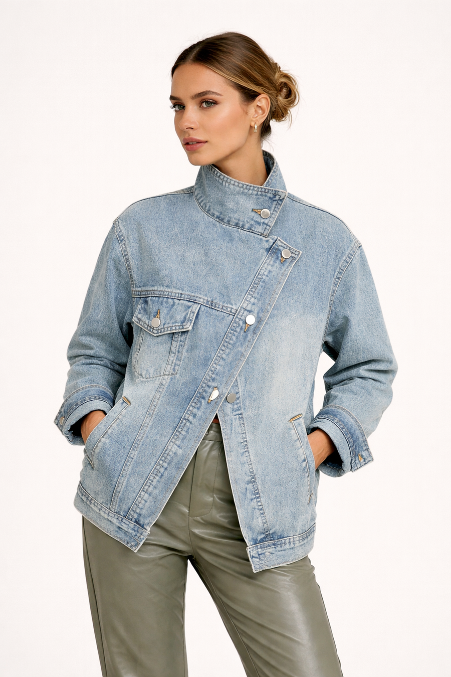 Kaia Oversized High-Collar Denim Jacket