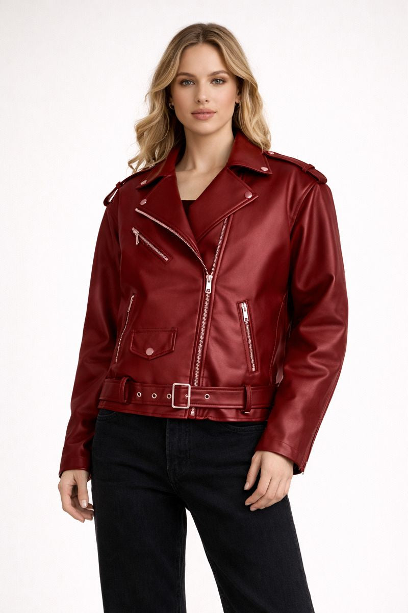 Ylena Faux Leather Biker Jacket with Belt