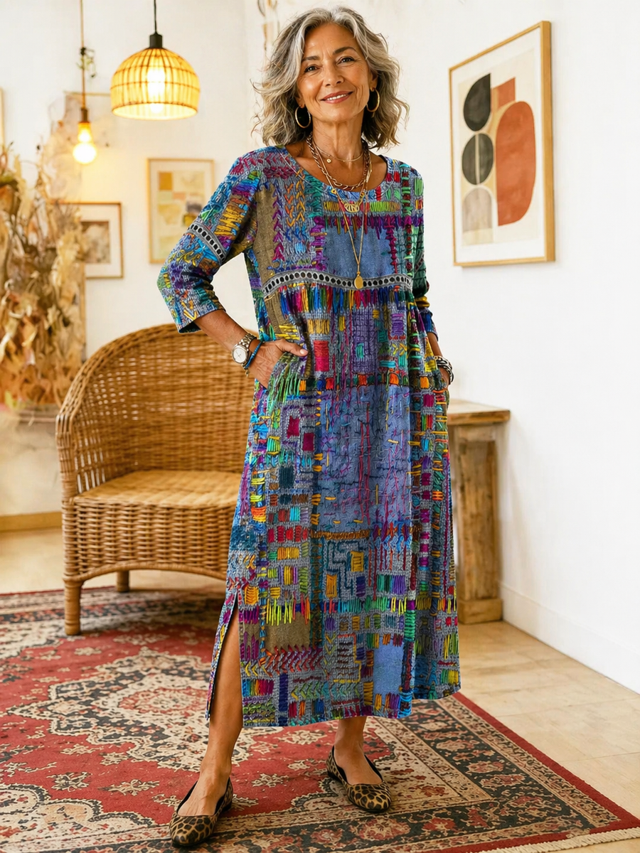 Zinnia - Printed Dress with Ethnic Patchwork