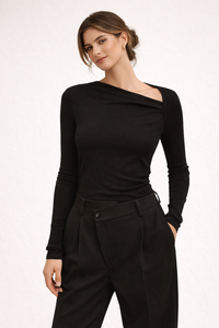 Suria Ribbed Knit Top with Asymmetric Neckline