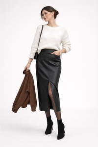 Chiara Faux Leather Midi Skirt with Front Slit
