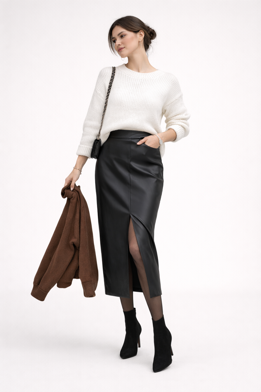 Chiara Faux Leather Midi Skirt with Front Slit