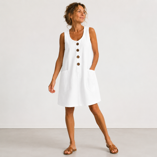 Phoebe - Sleeveless Cotton and Linen Dress – White
