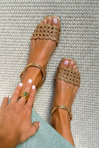 Josephine – Gold Metallic Woven Square-Toe Sandals