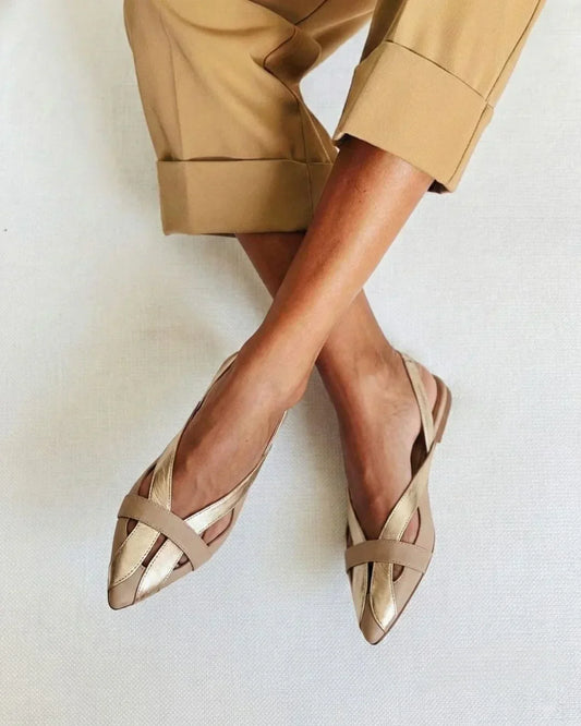 Marianne – Gold Colour Block Pointed-Toe Slingback Ballet Flats