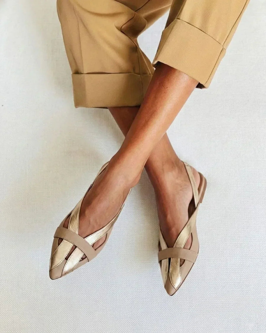Marianne – Gold Colour Block Pointed-Toe Slingback Ballet Flats