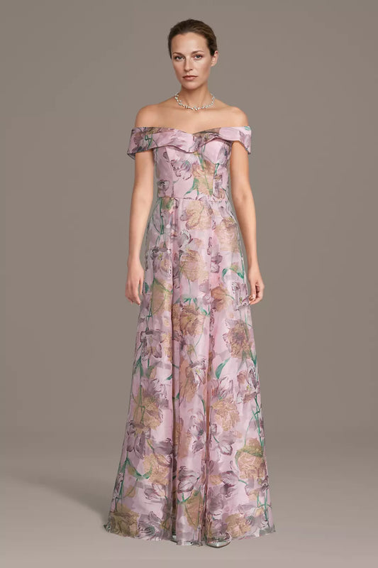 Floral Print Metallic Asymmetrical A-Line Dress