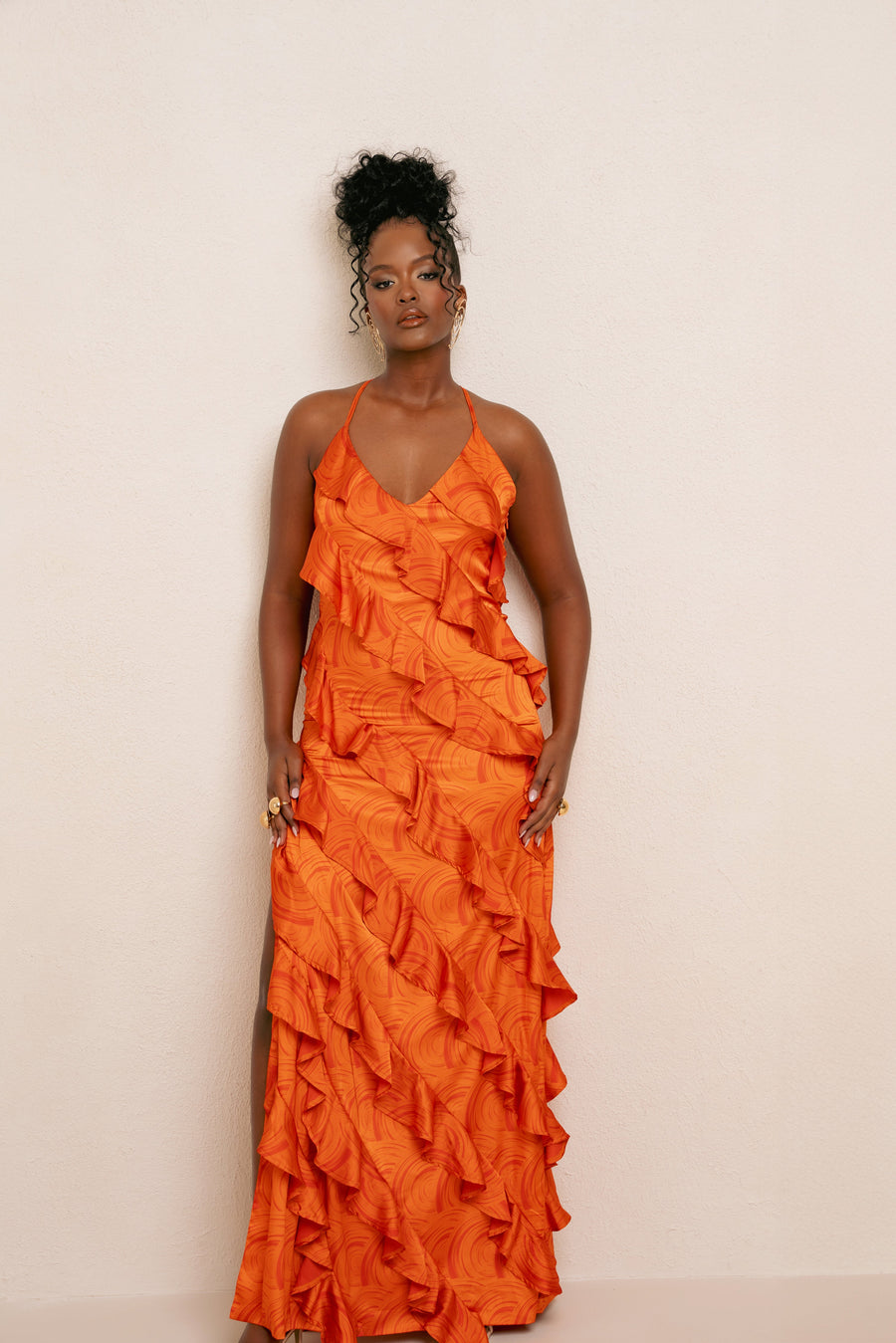 IZA Orange Ruffle Maxi Dress