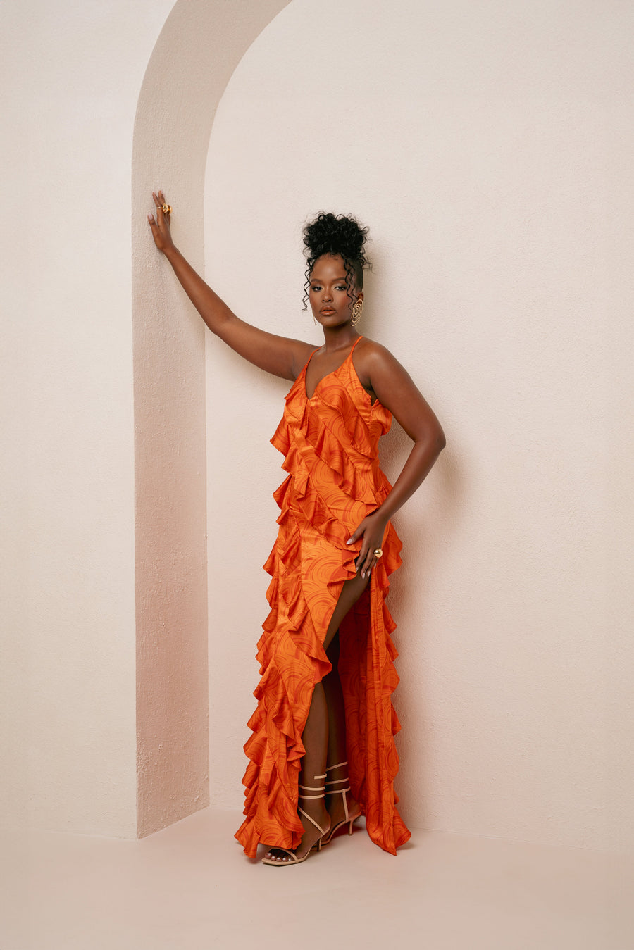 IZA Orange Ruffle Maxi Dress