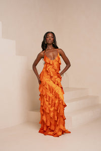 IZA Orange Ruffle Maxi Dress