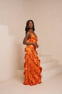IZA Orange Ruffle Maxi Dress