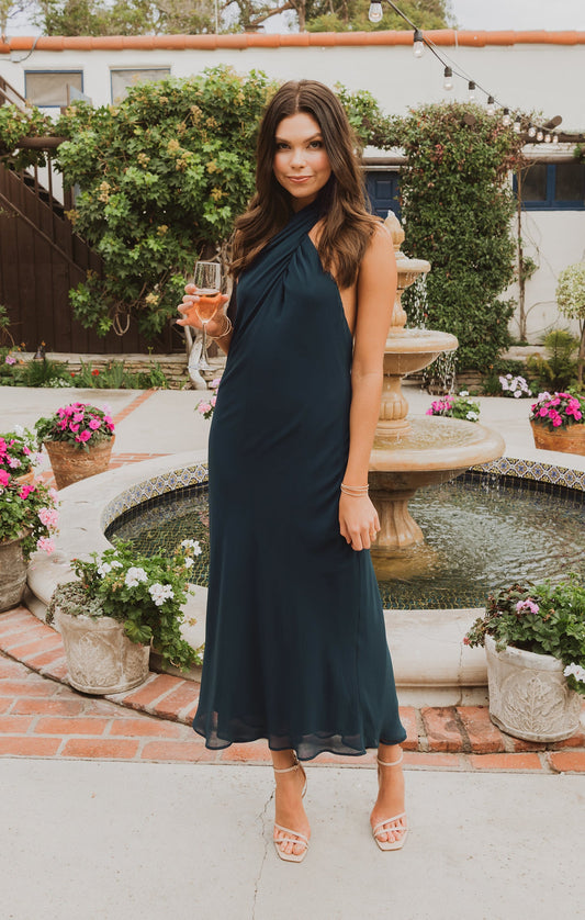 Jasmine Halter Midi Dress ~ Emerald Chiffon