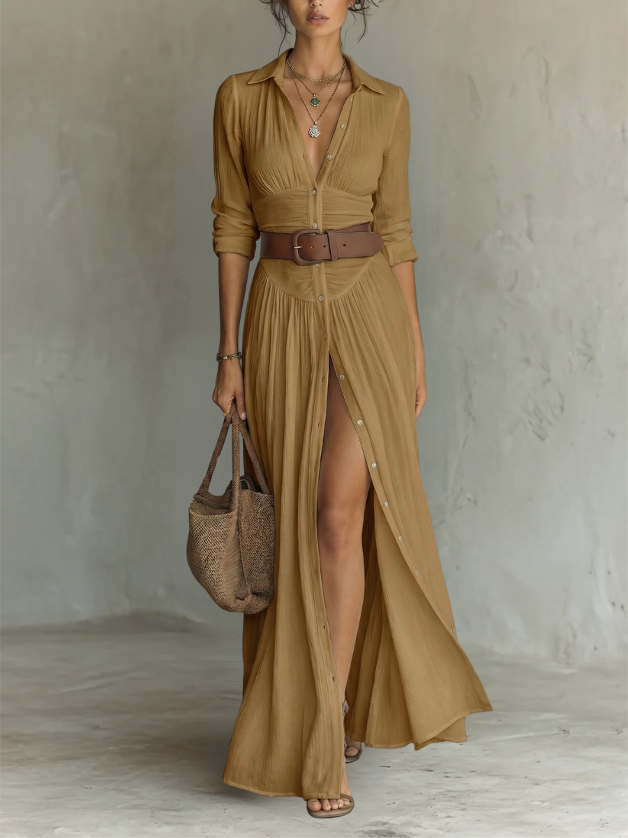 Nessa - Pleated Maxi Dress with Notched Collar