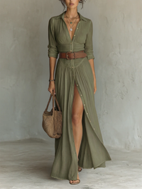 Nessa - Pleated Maxi Dress with Notched Collar