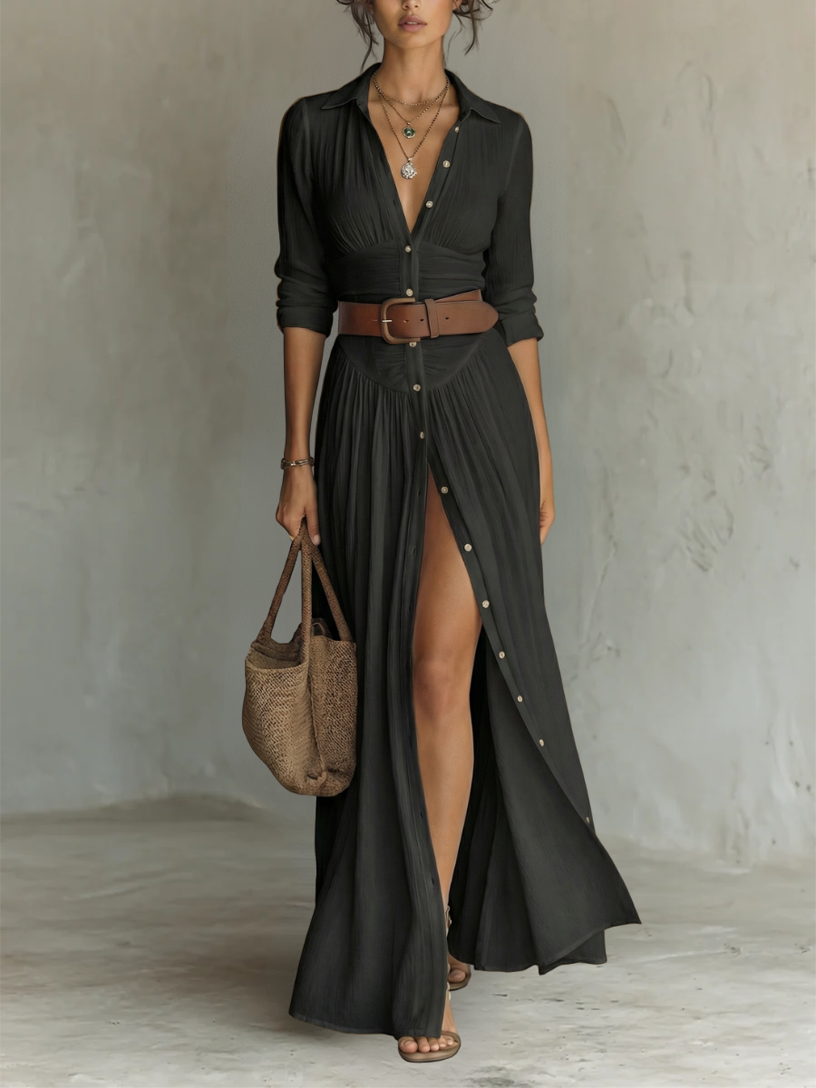 Nessa - Pleated Maxi Dress with Notched Collar