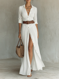 Nessa - Pleated Maxi Dress with Notched Collar