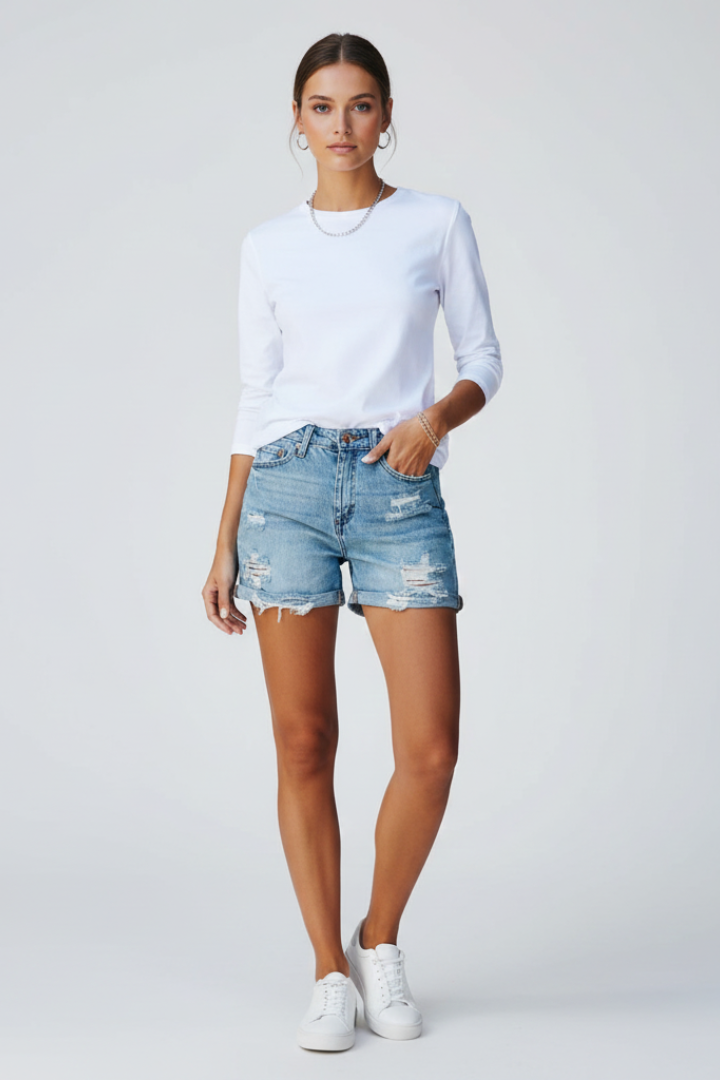 Charlotte | Womens Casual Shorts Distressed Fringe Hem Blue