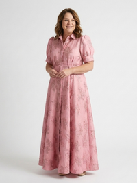 Lara – Short Sleeve Waist-Fitted Floral Textured Maxi Shirt Dress