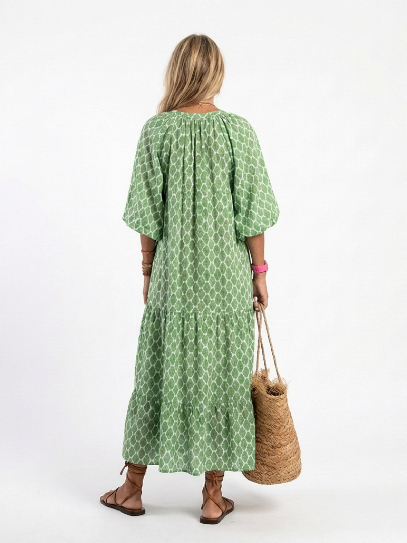 Edie – Patterned V-Neck Three-Quarter Sleeve Midi Dress