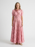 Lara – Short Sleeve Waist-Fitted Floral Textured Maxi Shirt Dress