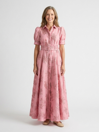 Lara – Short Sleeve Waist-Fitted Floral Textured Maxi Shirt Dress
