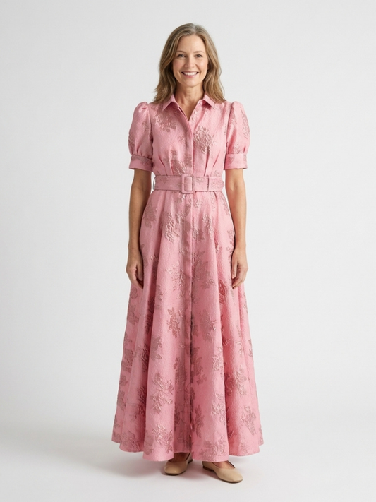 Lara – Short Sleeve Waist-Fitted Floral Textured Maxi Shirt Dress