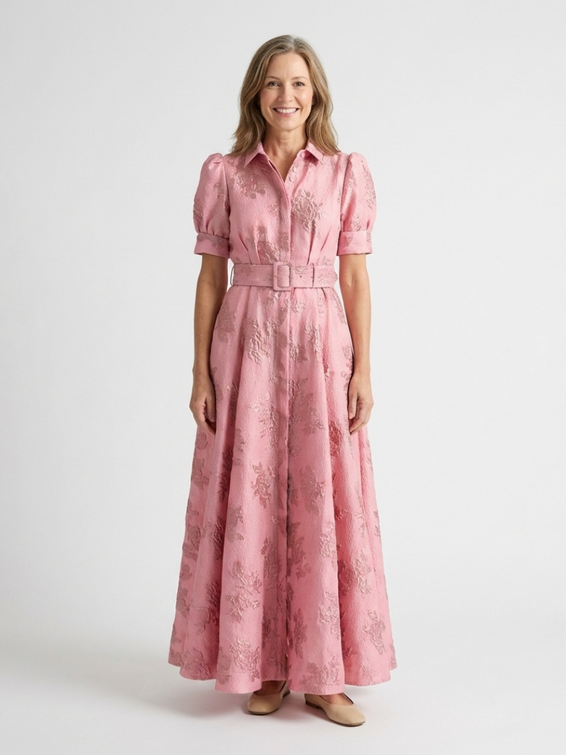 Lara – Short Sleeve Waist-Fitted Floral Textured Maxi Shirt Dress
