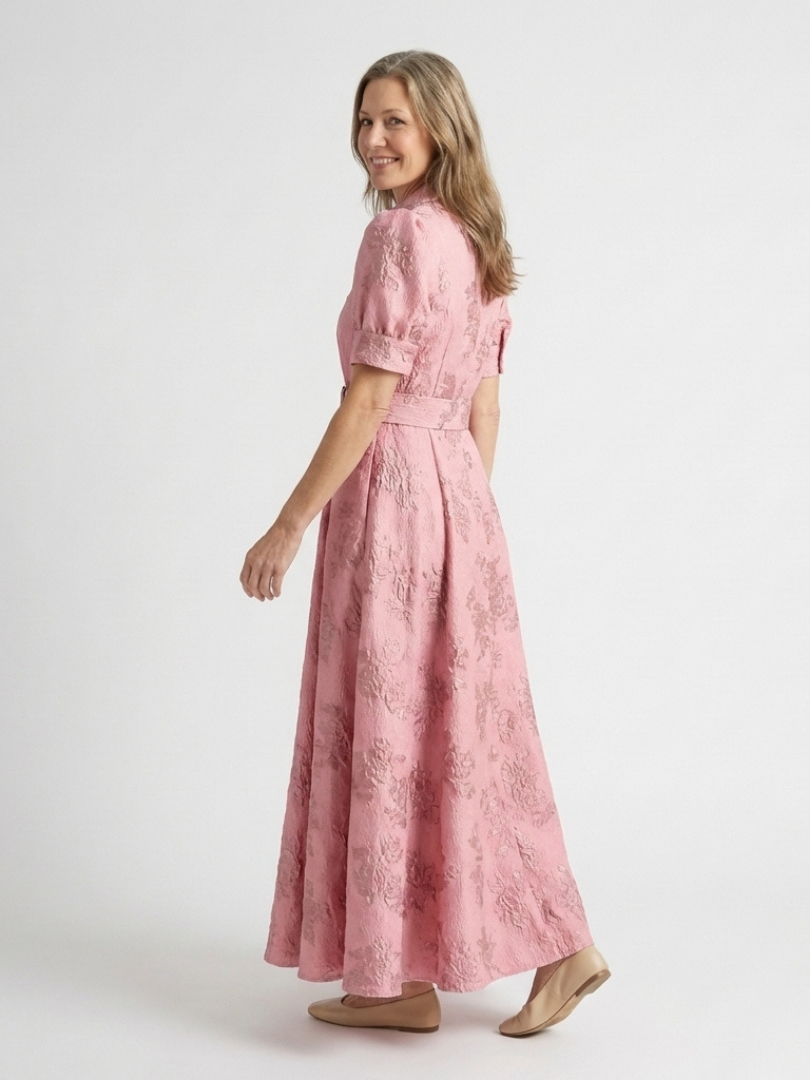 Lara – Short Sleeve Waist-Fitted Floral Textured Maxi Shirt Dress