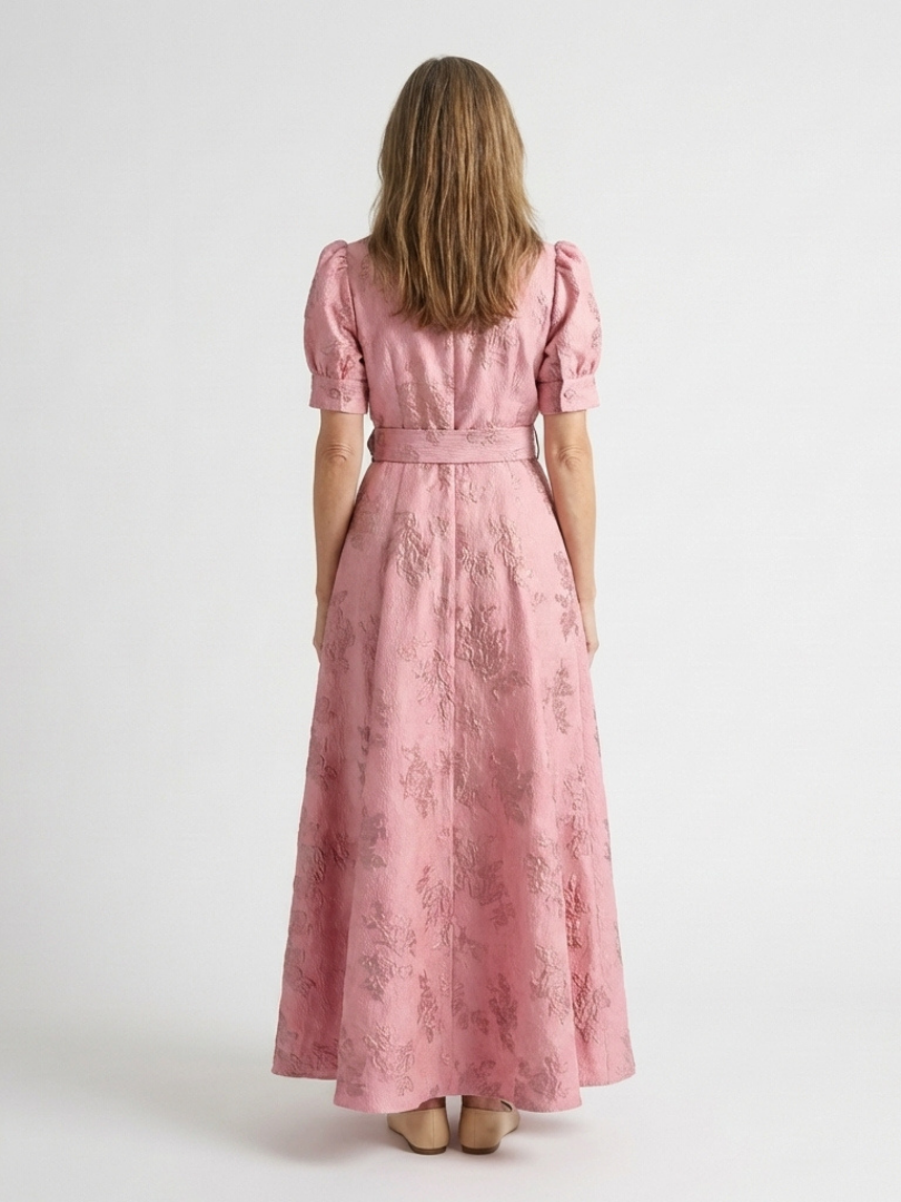 Lara – Short Sleeve Waist-Fitted Floral Textured Maxi Shirt Dress