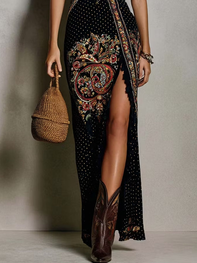 Aisha - Bohemian-Style Printed Dress with Deep V-Neck and High Slit