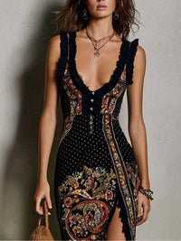 Aisha - Bohemian-Style Printed Dress with Deep V-Neck and High Slit