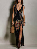 Aisha - Bohemian-Style Printed Dress with Deep V-Neck and High Slit
