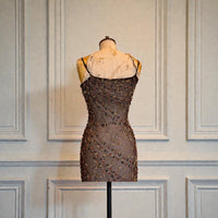 Tory, 90s beaded brown bias cut chiffon handkerchief dress