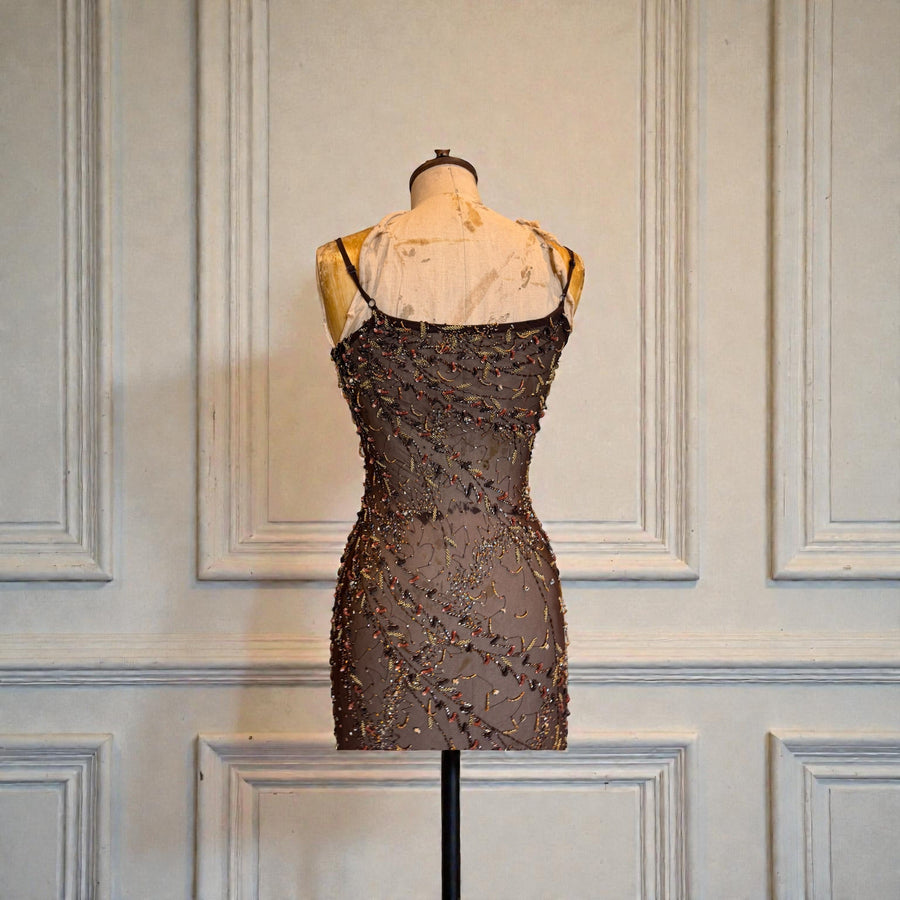 Tory, 90s beaded brown bias cut chiffon handkerchief dress