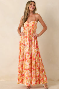 Painted in Sunshine Peach & Red Multi Satin Finish Pleated Maxi Dress