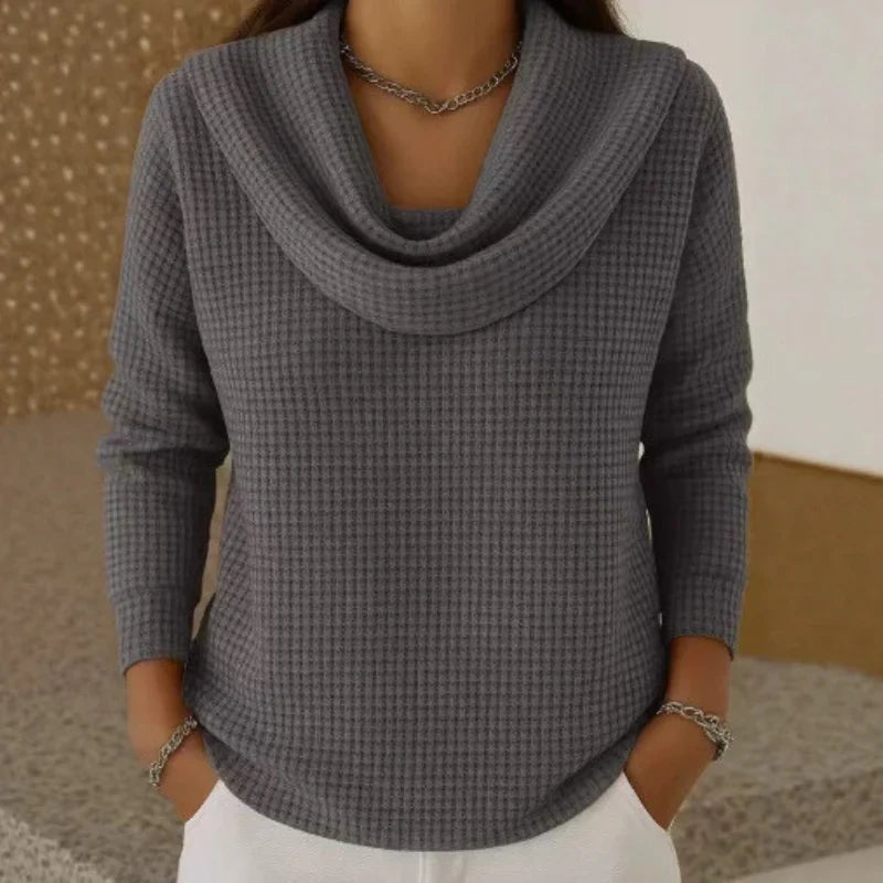 Karen  Warm Waffle Knit Sweater With Elegant Cowl Neck Gray