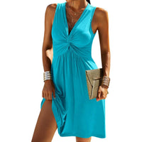 Quenby - Deep V-Neck Knot Waist A-Line Dress