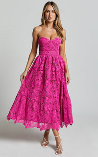 Gabriela Midi Dress - Strapless Lace Dress in Magenta