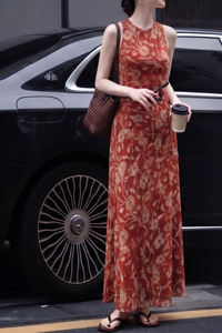 100% Mulberry Silk 16 Momme Double Crepe Bias-Cut Vintage Floral Maxi Dress