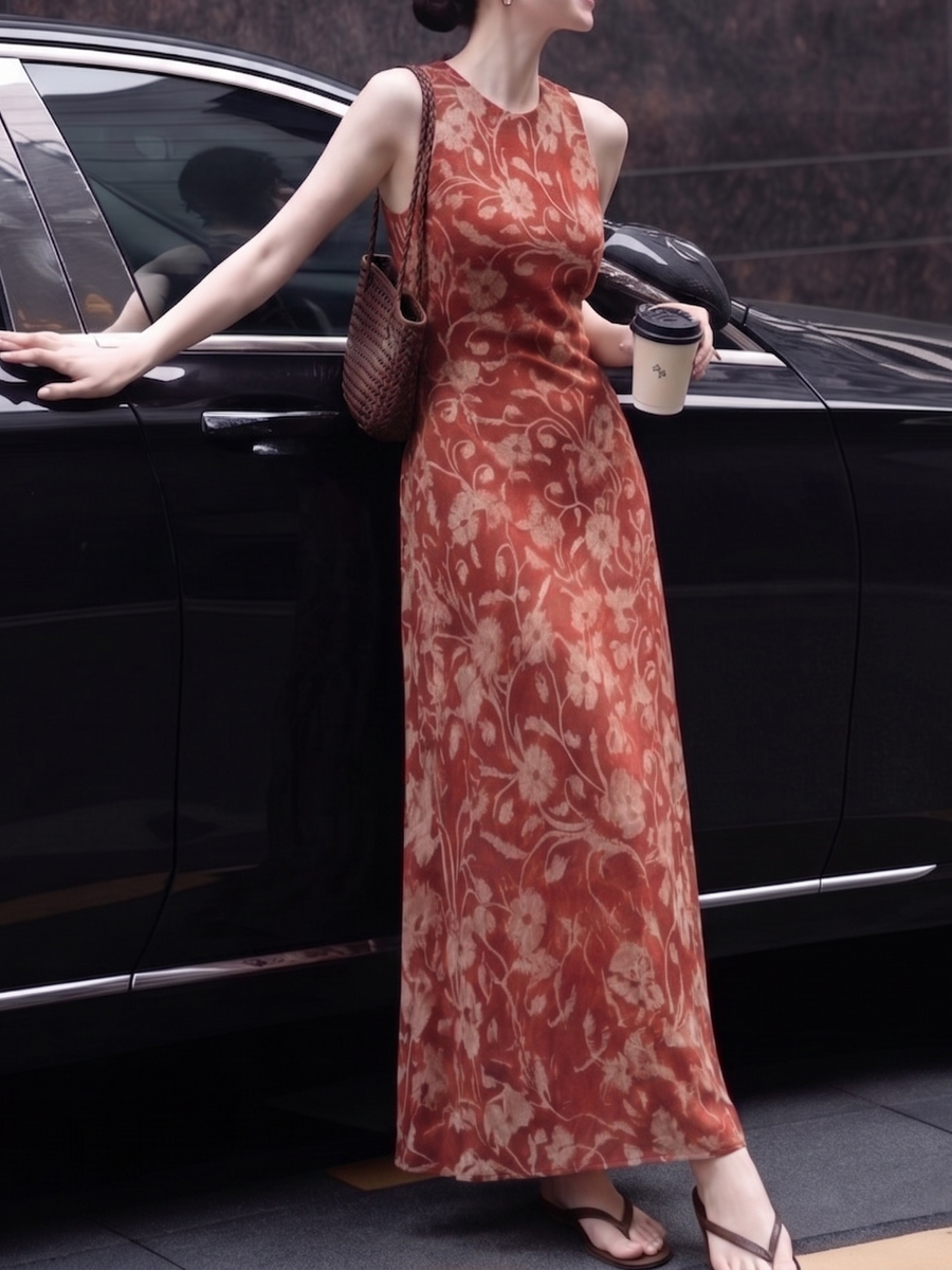 100% Mulberry Silk 16 Momme Double Crepe Bias-Cut Vintage Floral Maxi Dress