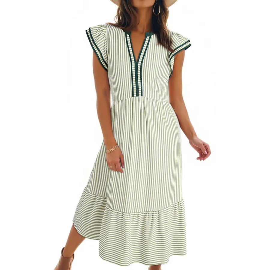 Illyria – Striped Ruffle Sleeve Midi Dress
