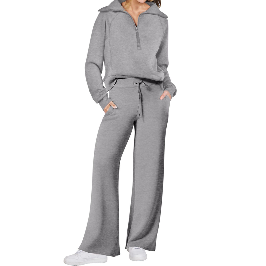 Reverie - Cozy Zip-Up Wide Leg Sweatsuit Set
