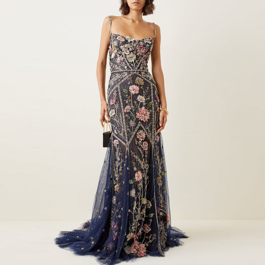 Floral-Embellished Tulle Gown
