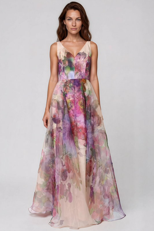 Sleeveless V-Neck Floral Print Organza Gown